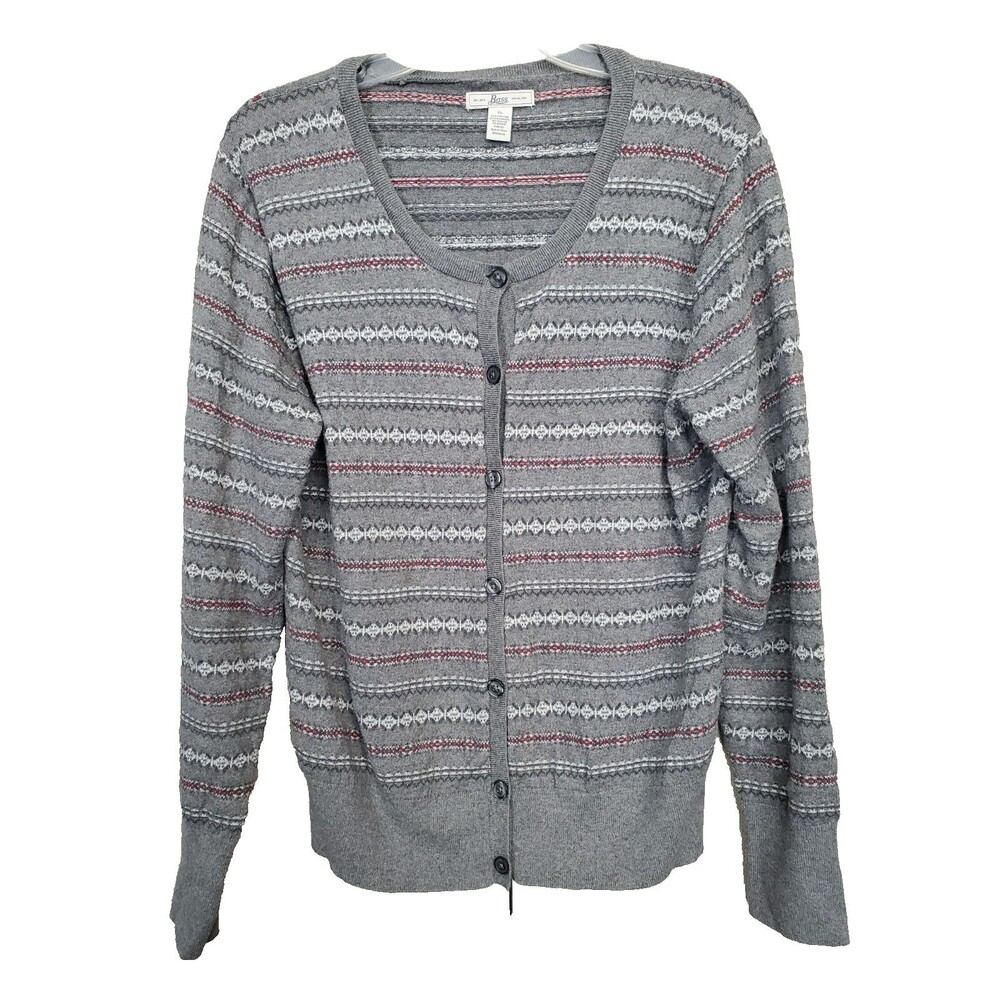 Bass Women's Gray Fair Isle Striped Cotton Cashmere Button-Up Cardigan Size XL